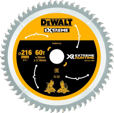 Kappkreissägeblatt HM 216x30x2,16 mm Z60 WZ/FZ 7° für Dewalt Akku-Paneelsäge