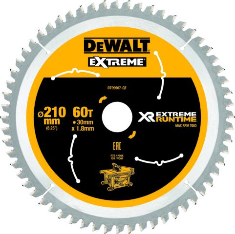 Tischkreissägeblatt HM 210x30x1,8 mm Z60 WZ/FZ 20° für Dewalt Akku-Tischsäge