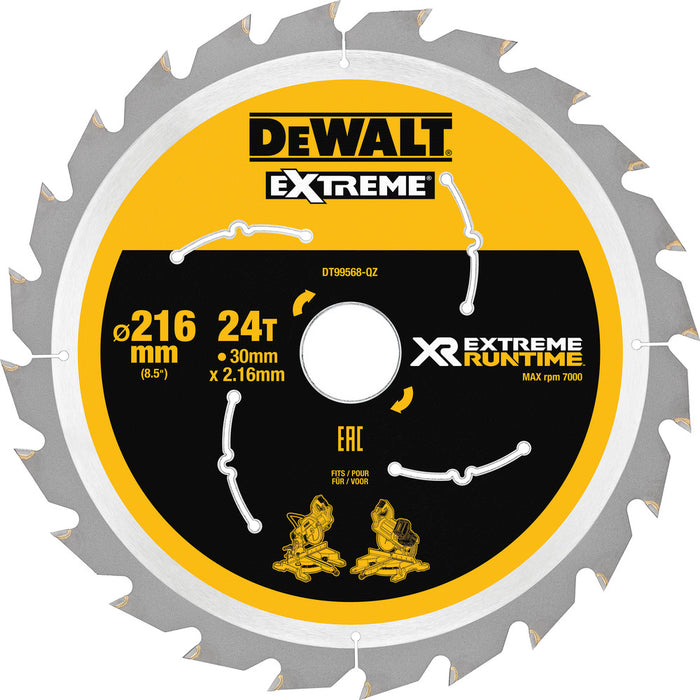 Kappkreissägeblatt HM 216x30x2,16 mm Z60 WZ/FZ 7° für DEWALT Akku-Paneelsäge