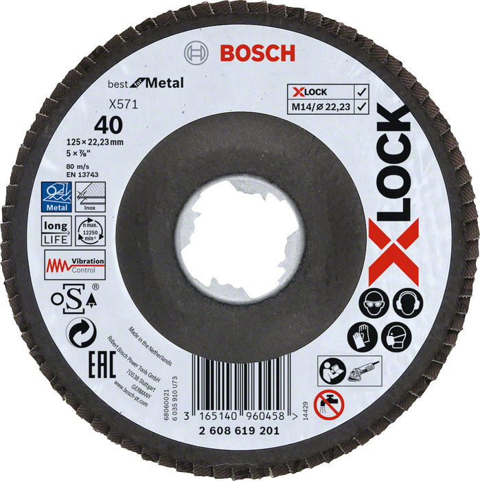 Fächerschleifscheibe Bosch X-LOCK 125 mm, K 40, X571, Best for Metal, gekröpft